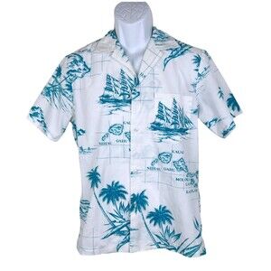 Vintage Rai Nani Hawaiian Shirt Men Small White Green Map Graphic Tropical
